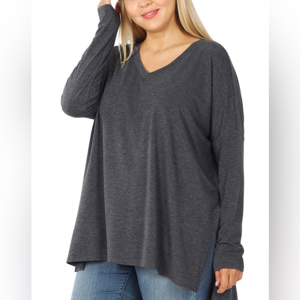 Long Sleeve V-Neck with Side Slit Top